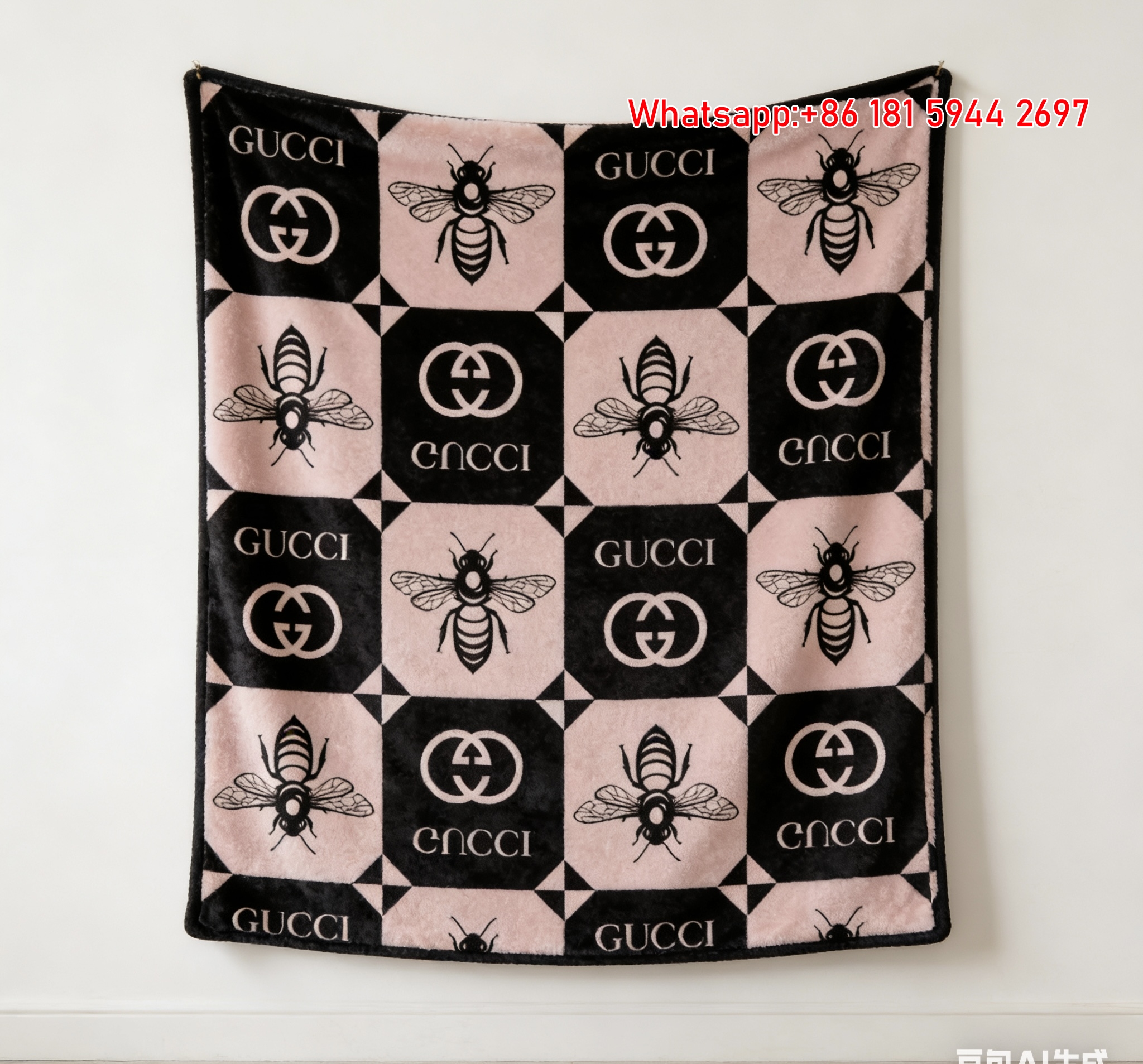 Gucci Bee & GG Monogram Pink Black Checkerboard Flannel Blanket Retro Wall Decor throw blankets IMG_2595